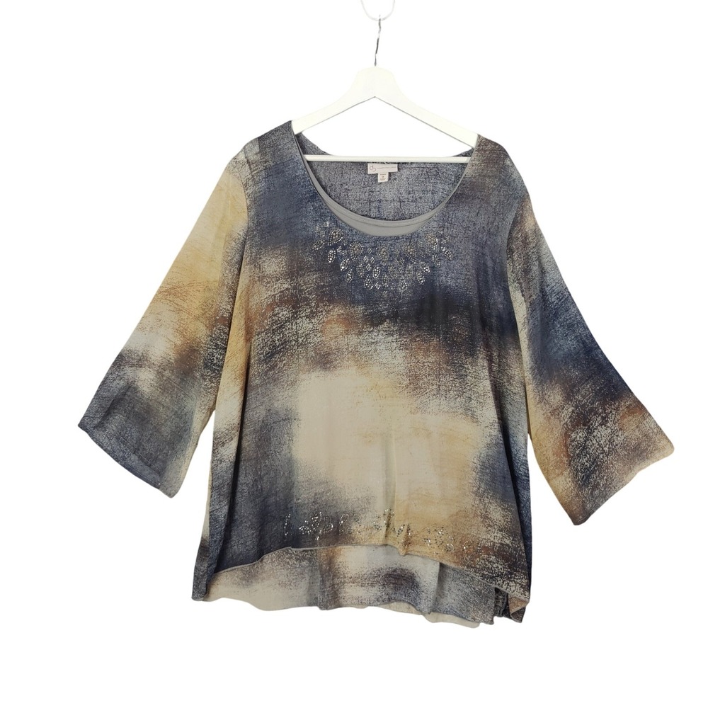 CB Est Womens Artsy Boho Watercolor 2-Fer Layered Blouse 1X Gray Blue Rhinestone